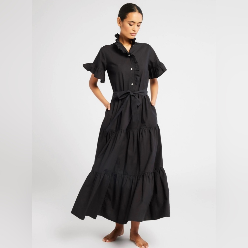 Mille Victoria Ruffle Front Dress in crisp black cotton size Large.